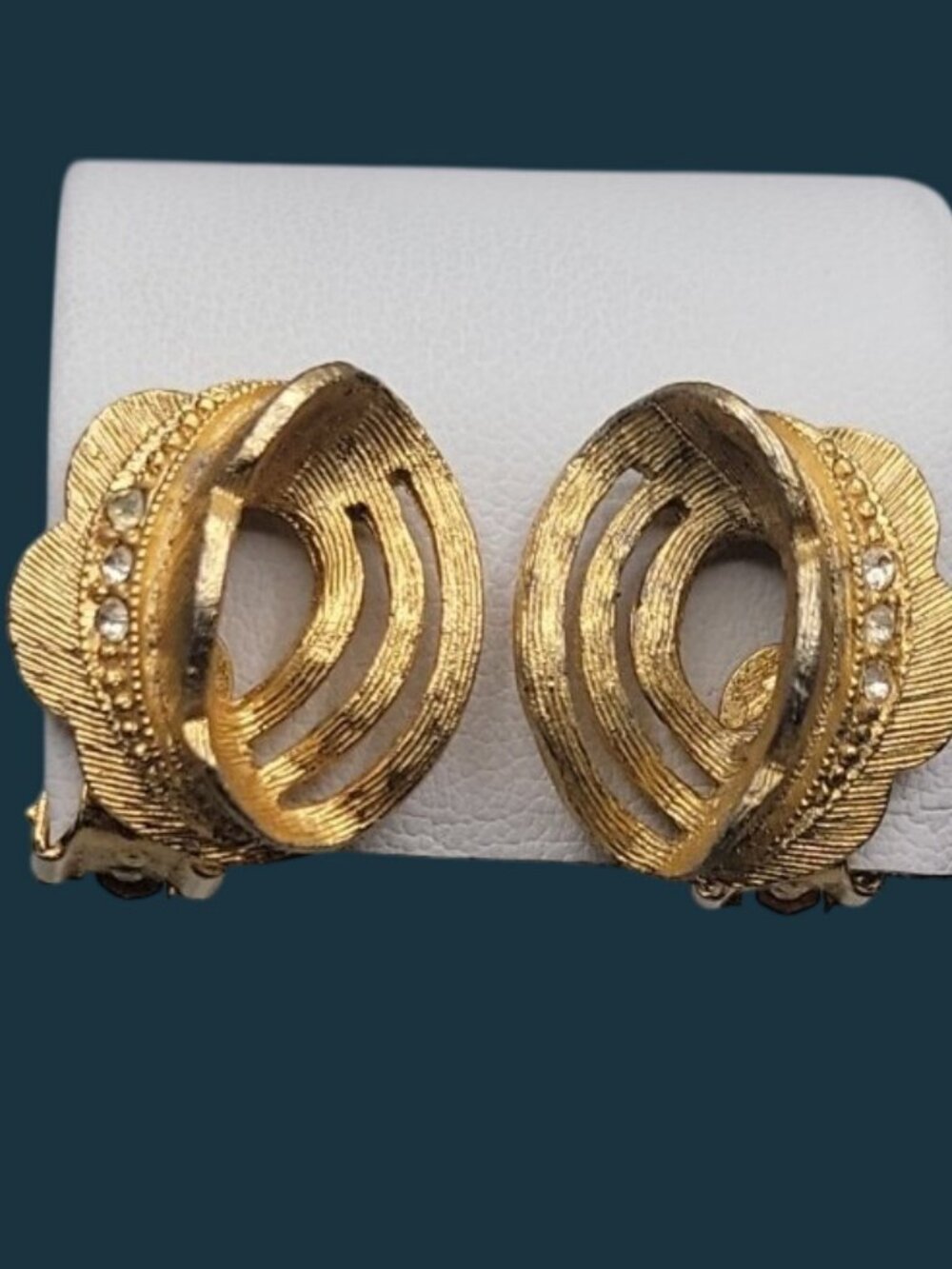 Vintage Rhinestone Accented Swirled Feather Clip On Earrings
